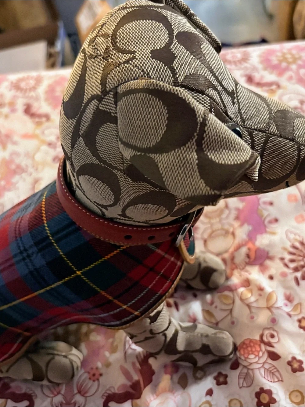 RARE Coach Signature Plaque-Pattern Dog Figure with Red Plaid Jacket